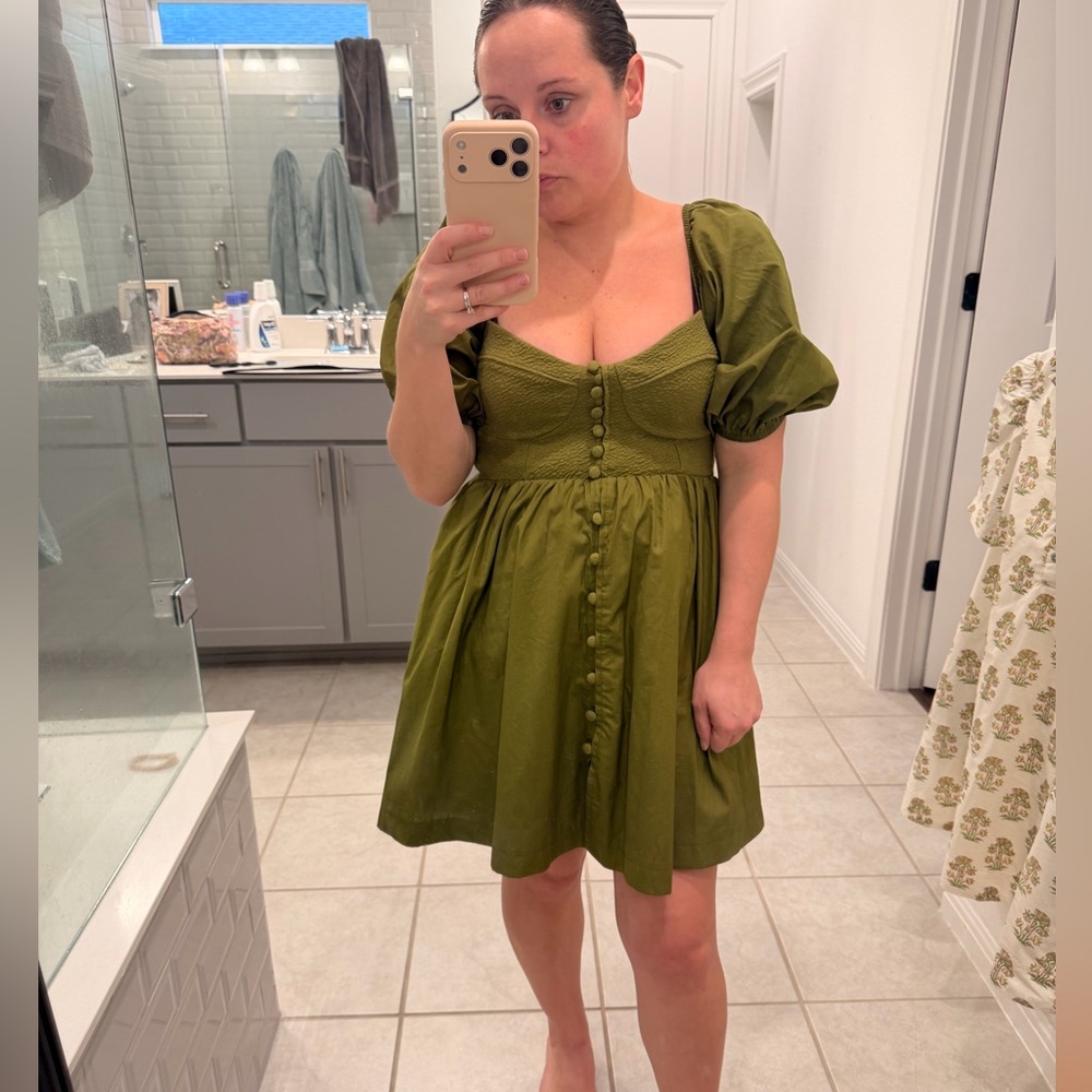 Anthropologie Olive Green Puff Sleeve Mini Dress